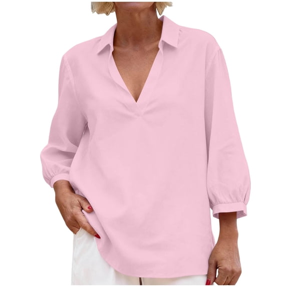 LNWUY Cotton Linen Shirts for Women Loose Flowy Spring Tops Solid Color 3/4 Sleeve Shirt Beach Vacation Business Casual Travel Pink M