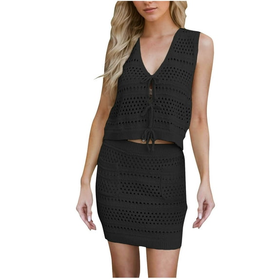 LNWUY Crochet Skirt Sets Women 2 Piece Outfits Y2k Knit Tie Front Vest Top High Waist Bodycon Skirt Bikini Cover Up Black M