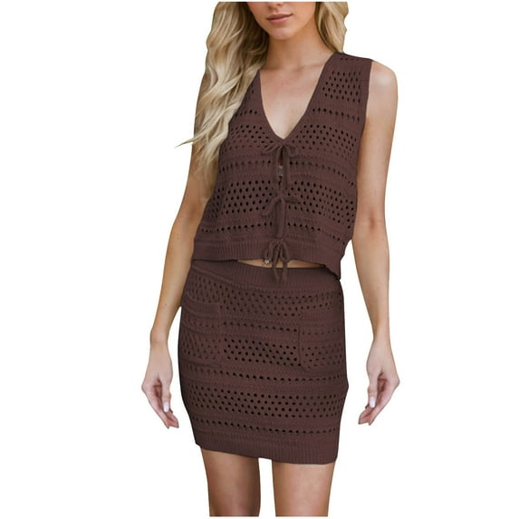 LNWUY Crochet Skirt Sets Women 2 Piece Outfits Y2k Knit Tie Front Vest Top High Waist Bodycon Skirt Bikini Cover Up Coffee XL