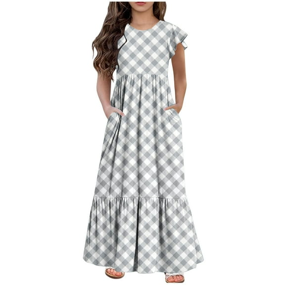 LNWUY Fashion Girls Summer Straight Dress Casual Sexy Sleeveless Plaid Flowy Tiered Smocked Beach Midi Dresses with Pockets Gray 8 Years