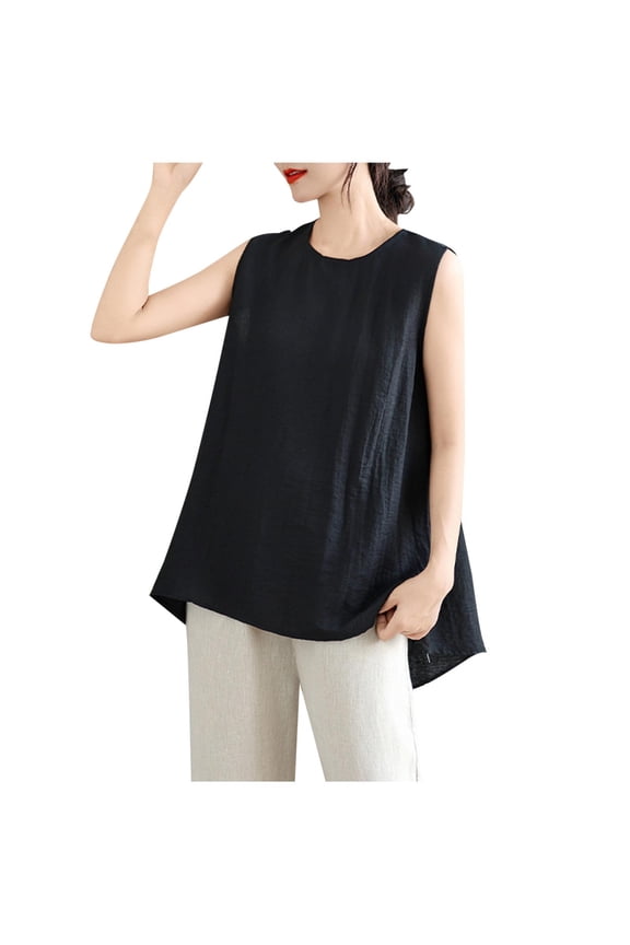 Fashion Tank Tops for Women Cotton Linen Split Back Sleeveless Dressy Blouses Solid Loose Casual Tunic Shirts Black M