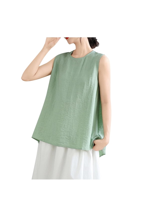 Fashion Tank Tops for Women Cotton Linen Split Back Sleeveless Dressy Blouses Solid Loose Casual Tunic Shirts Green XXL