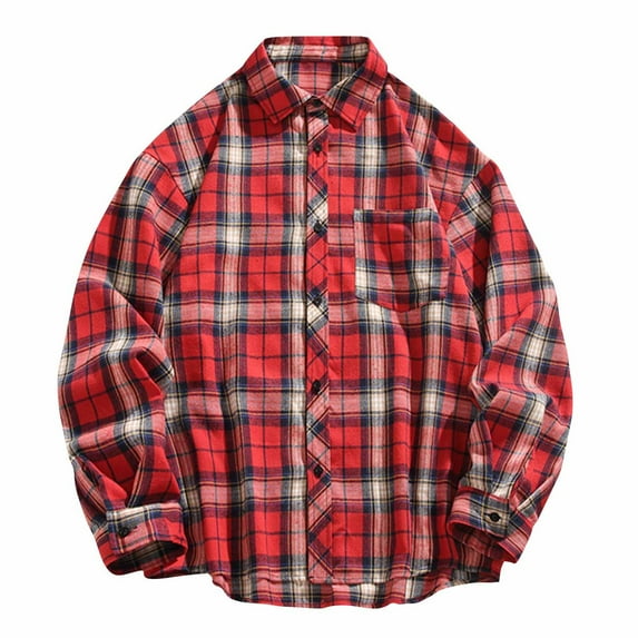 LNWUY Flannel Buffalo Plaid Shirts for Men Casual Vintage Button Down Lapel Neck Blouses 2025 Spring Summer Fashion Long Sleeve Tops Red L
