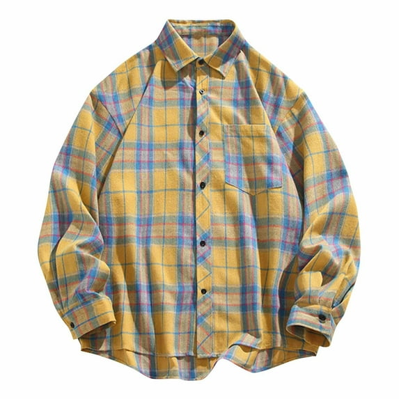 LNWUY Flannel Buffalo Plaid Shirts for Men Casual Vintage Button Down Lapel Neck Blouses 2025 Spring Summer Fashion Long Sleeve Tops Yellow XXL