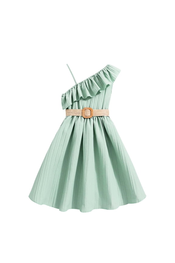 Girl's Cute Fashion Ruffle Trim Two Piece Sloping Shoulder Camisole Dress Pleated Mini Dresses Outfits Set With Belt Green 10Y