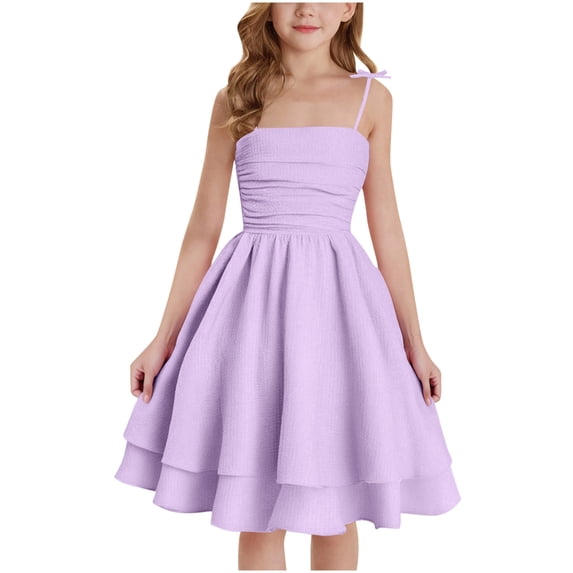 LNWUY Girl's Cute Fashion Solid Color Ruched A Line Swing Dress Layered Tie Shoulder Flowy Cami Dress Purple 10-11 Years