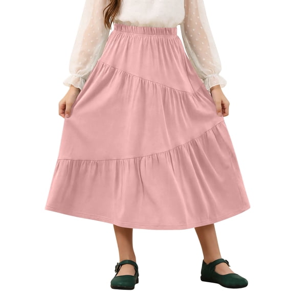 LNWUY Girl's Flowy Ruffle Maxi Skirt With Pockets Tiered Ruffle Hem Swing Elastic Waist Long Skirt For 6-14Y Pink 8-9 Years