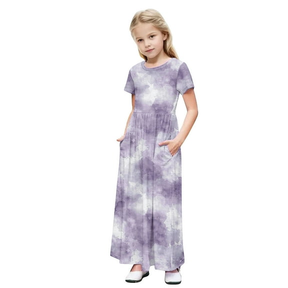 LNWUY Girl's Middle Child Simple Tie-Dye Printed Pocket Short Sleeve Skirt Pleated Dress Summer Casual Long Dress Purple 11 Years