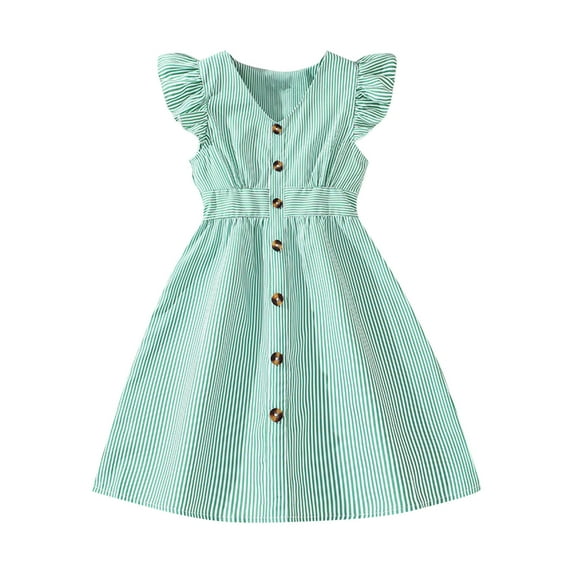 LNWUY Girl's Striped Print Ruffle Cap Sleeve Dress Button Front High Waist A Line Short Dresses Cute Round Neck Princess Bow Skirt Green 8 Years