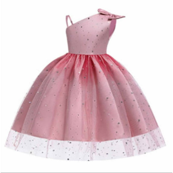 LNWUY Girls Bow Dress One-Shoulder Dress Sequined Princess Fluffy Skirt Girls Dress Skirt Sleeveless Dress Pink 120