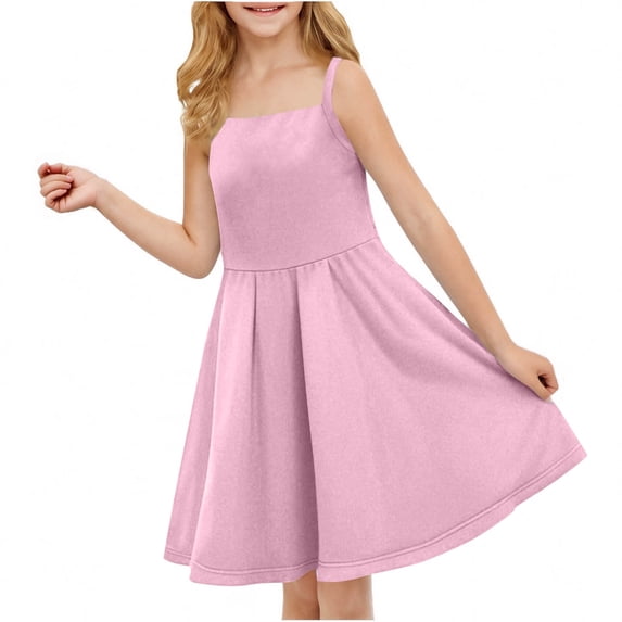 LNWUY Girls' Cotton Linen Dress Soft Comfort Breathable Short Sleeve Solid Color Pocket Dress Peplum Round Neck Dress Pink 9 Years