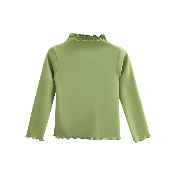 LNWUY Girls Cute Solid Color Lettuce Edge Trim Mock Neck Long Sleeve Slim Fit T-Shirt Tops Lightweight Knit Tee Green 3-4Years