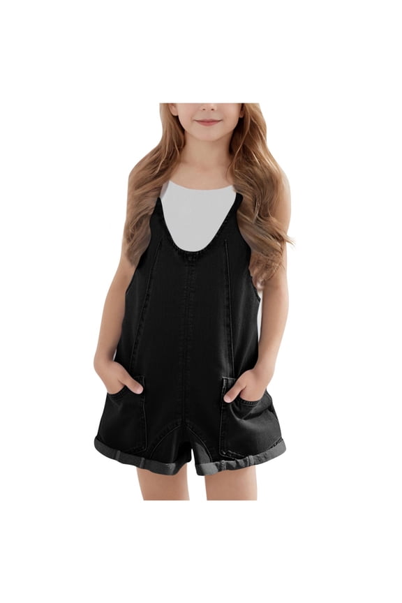 Girls Denim Overall Shorts Kids Summer Adjustable Straps Jumpsuits Jeans Shortalls 5-14 Years Black 7 Years