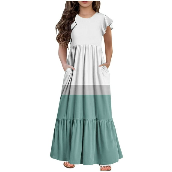 LNWUY Girls Fashion Striped Cotton Linen Midi Dress V Neck Elastic Waist A Line Dress Casual Flowy Ruffle Dresses with Pockets Green 130