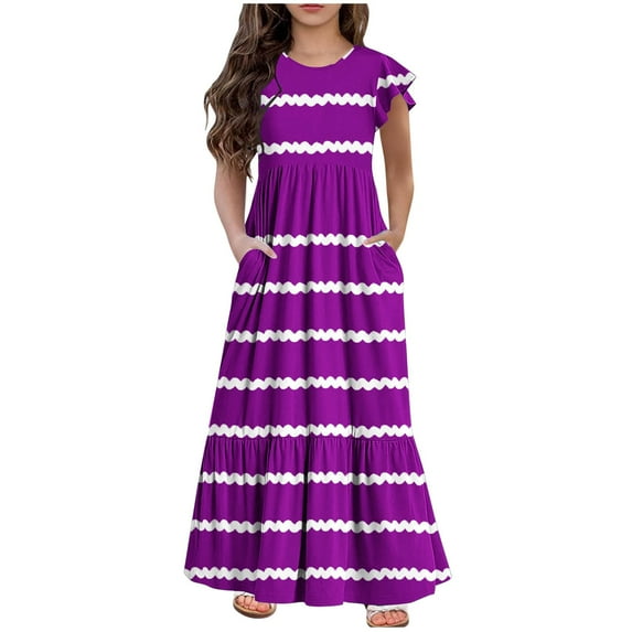 LNWUY Girls Fashion Striped Cotton Linen Midi Dress V Neck Elastic Waist A Line Dress Casual Flowy Ruffle Dresses with Pockets Purple 130