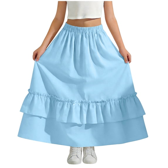 LNWUY Girls Maxi Skirts Summer Spring Elastic Waist Ruffle Tiered Flowy Beach Vacation Boho Long Skirt with Pockets Blue 12-13 Years