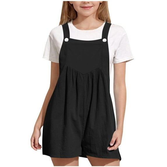 LNWUY Girls Overall Shorts Kids Summer Fashion Solid Color Casual Adjustable Strap Rompers with Pockets 5-14 Years Black 11 Years