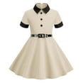 thumbnail image 1 of LNWUY Girls Short Sleeve Striped Pleated Casual A-Line Dresses for Girls Knee Length Patchwork Vintage Waist Casual Flowy Dress Beige 110, 1 of 5