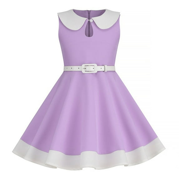 LNWUY Girls Short Sleeve Striped Pleated Casual A-Line Dresses for Girls Knee Length Patchwork Vintage Waist Casual Flowy Dress Purple 150