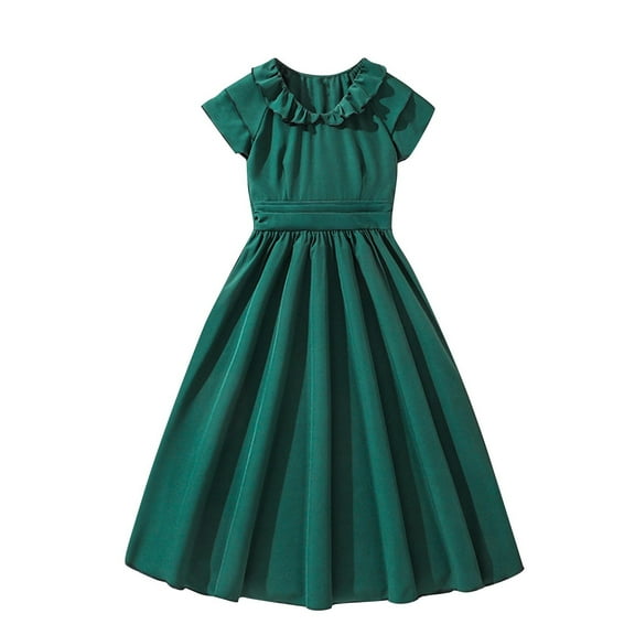 LNWUY Girls Solid Color Short Sleeve Summer Dresses Middle and Big Kids Casual Comfortable Dresses Short Sleeve Round Neck Dresses Green 9 Years