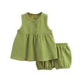 thumbnail image 1 of LNWUY Girls' Summer Round Neck Solid Color Cotton Yarn Skirt Top Elastic Waist Shorts Two-Piece Short-Sleeved Round Neck Shirt Suit Green 100, 1 of 3