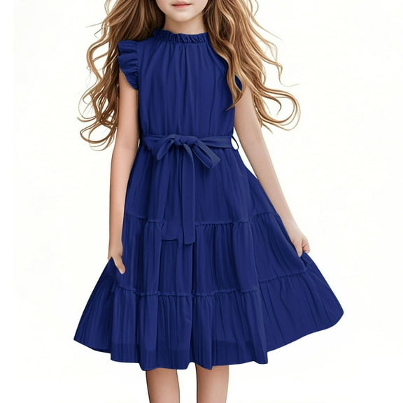 LNWUY Girls Summer Solid Color Round Neck Short Sleeve Ruffle Tie Waist Dress A Line Casual Elegant Dresses With Belt Blue 7 Years