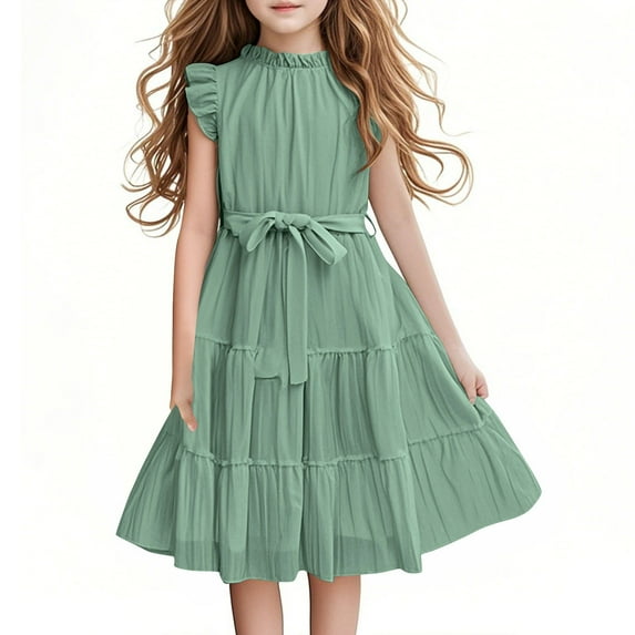 LNWUY Girls Summer Solid Color Round Neck Short Sleeve Ruffle Tie Waist Dress A Line Casual Elegant Dresses With Belt Green 15 Years