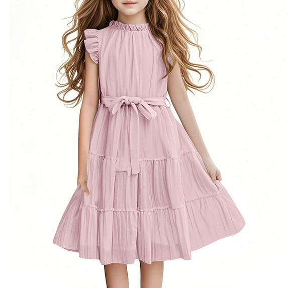 LNWUY Girls Summer Solid Color Round Neck Short Sleeve Ruffle Tie Waist Dress A Line Casual Elegant Dresses With Belt Pink 10 Years