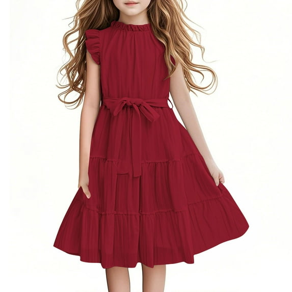 LNWUY Girls Summer Solid Color Round Neck Short Sleeve Ruffle Tie Waist Dress A Line Casual Elegant Dresses With Belt Red 5 Years