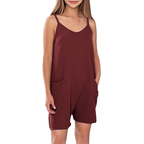 LNWUY Girls Summer Solid Color Sleeveless Adjustable Strap Short Pants Jumpsuit Casual Fashion Romper with Pockets Red 9 Years