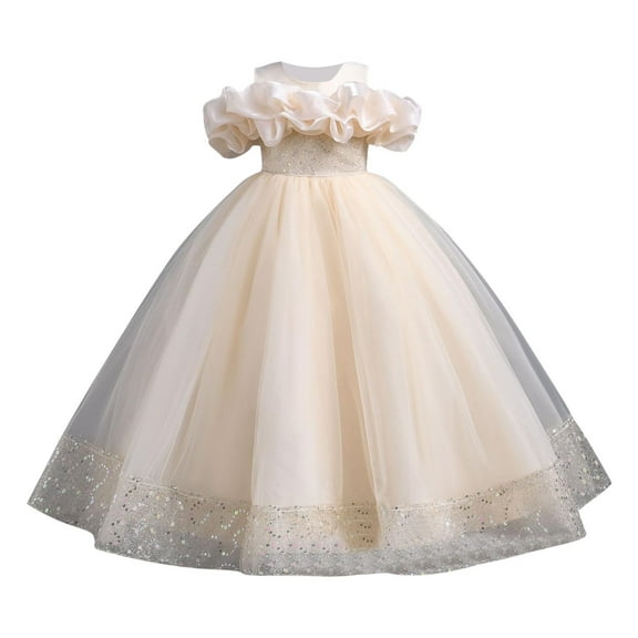 LNWUY Girls Tutu Dress Long Princess Flower Girls Dress Off-Shoulder Pageant Dress Birthday Wedding Ball Gown Party Beige 9 Years