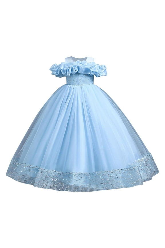 Girls Tutu Dress Long Princess Flower Girls Dress Off-Shoulder Pageant Dress Birthday Wedding Ball Gown Party Blue 10 Years
