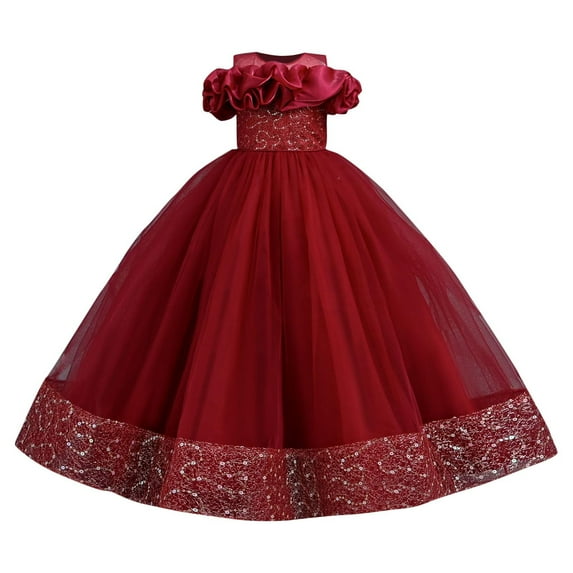LNWUY Girls Tutu Dress Long Princess Flower Girls Dress Off-Shoulder Pageant Dress Birthday Wedding Ball Gown Party Wine 11 Years