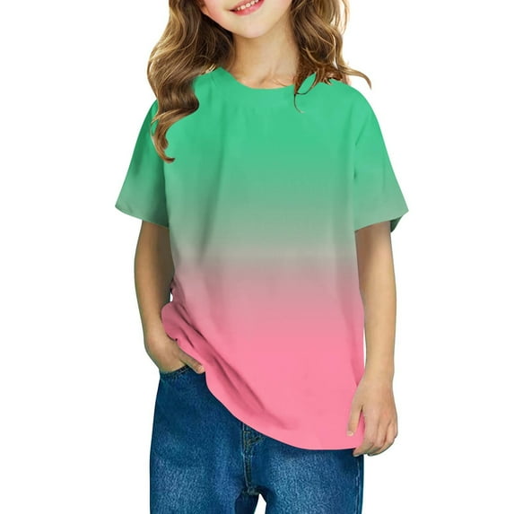LNWUY Girls and Boys Gradient Dyeing T Shirts Vintage Cotton Loose Fit T-Shirt Comfort Breathable Short Sleeve Basic Tee Shirt Tops Green 5 Years