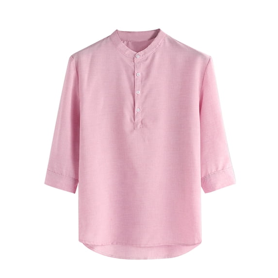 LNWUY Henley T Shirts for Men Casual Stylish 3/4 Sleeve Summer Shirt Solid Color LightWeight Button Shirt Regular Fit Work Shirts Pink XL