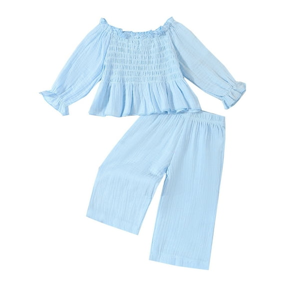 LNWUY Infant Baby Toddler Girls Clothes Solid Color Baby Girl Fall Linen Outfits Long Sleeve Pants Set Light Blue 12 Years(120)