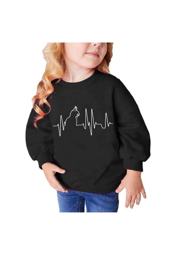 Kids Girls Fall Crewneck Sweatshirts Casual Lovely Cat ECG Pattern Graphic Long Sleeve T-Shirts Trendy Oversized Baggy Pullover Tops Black 5-6 Years