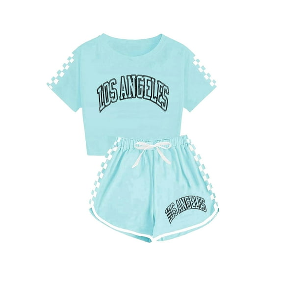 LNWUY Kids Girls Summer Outfit Letter Print Short Sleeve T Shirt and Shorts Set Childs Summer Jogger Clothes Green 9 Years
