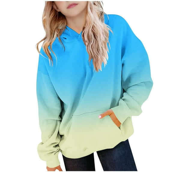 LNWUY Kids Gradient Print Sweatshirt Boys and Girls Casual Round Neck Hooded Long Sleeve Pocket Padded Hooded Top Blue 9 Years