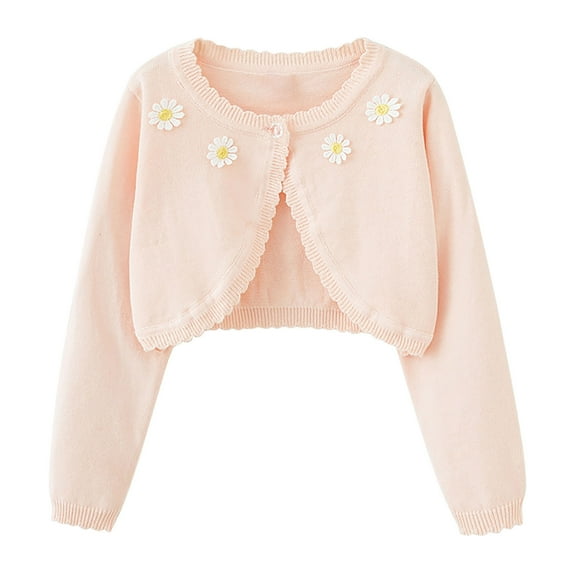 LNWUY Kids Little Girls Cotton Knitted Cardigan Long Sleeve Lace Flower Fashion Cute Solid Color One Button Short Sweater Outerwear Pink 4 Years