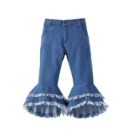 LNWUY Kids Toddler Little Baby Girl Ruffle Ripped Jeans Bell Bottom Flare Pants Ripped Denim Leggings Trousers Blue 6 Years