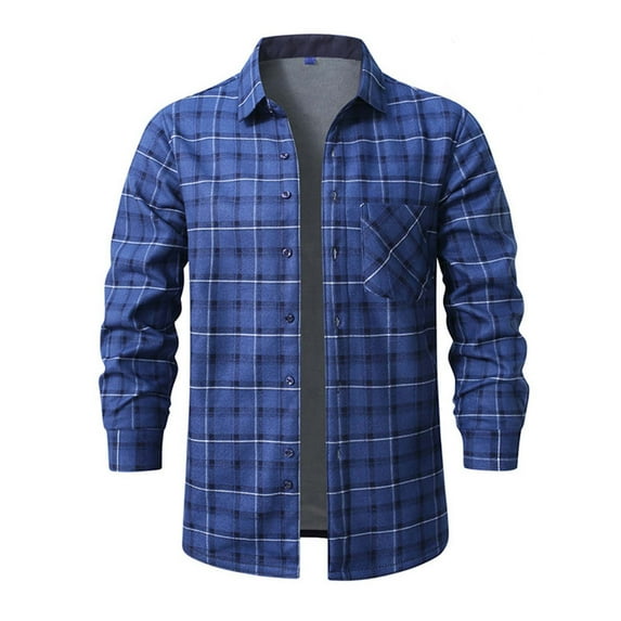 LNWUY (L-5XL) Men's Plus Size Flannel Shirts Casual Long Sleeve Lapel Plaid Button Down Shirt Jacket with Pockets Blue L
