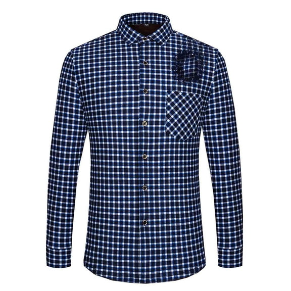 LNWUY (L-5XL) Plus Size Fleece Thickened Men's Shirt Long Sleeve Winter Plaid Non-Ironing Slim fit Casual Fashion Shirts Top Blue XXXL