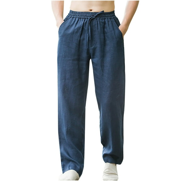 LNWUY (L-5XL) Plus Size Men's Casual Linen Pants Elastic Waist Drawstring Beach Summer Pants Lightweight Loose Comfy Trousers Navy XL