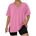 thumbnail image 1 of LNWUY (L-5XL)Womens Plus Size T-Shirts Casual V Neck Short Sleeve Solid Color Side Hem Split Loose Fit Shirts Summer Casual Tees Pink XXXL, 1 of 6