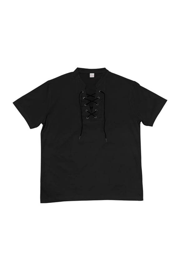 Lace Up Hip Hop Shirts for Men Short Sleeve Stretch Muscle Tee Shirts V Neck Hippie Fashion Solid Color Henley Shirts Black M