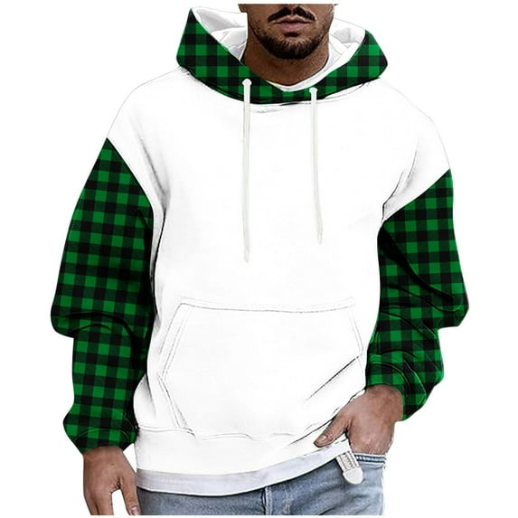 LNWUY Lightweight Men's Fall and Winter Hooded Sweatshirt Fleece Lined, Plaid Print, with Drawstring and Pockets for Extra Comfort Green L