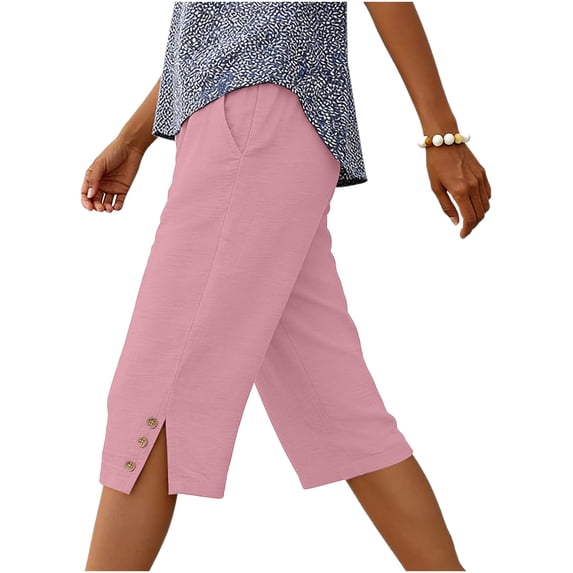 LNWUY Linen Bermuda Shorts for Women Knee Length Summer Solid Color Loose Casual Elastic Waisted Side Split Button Shorts with Pockets Pink M