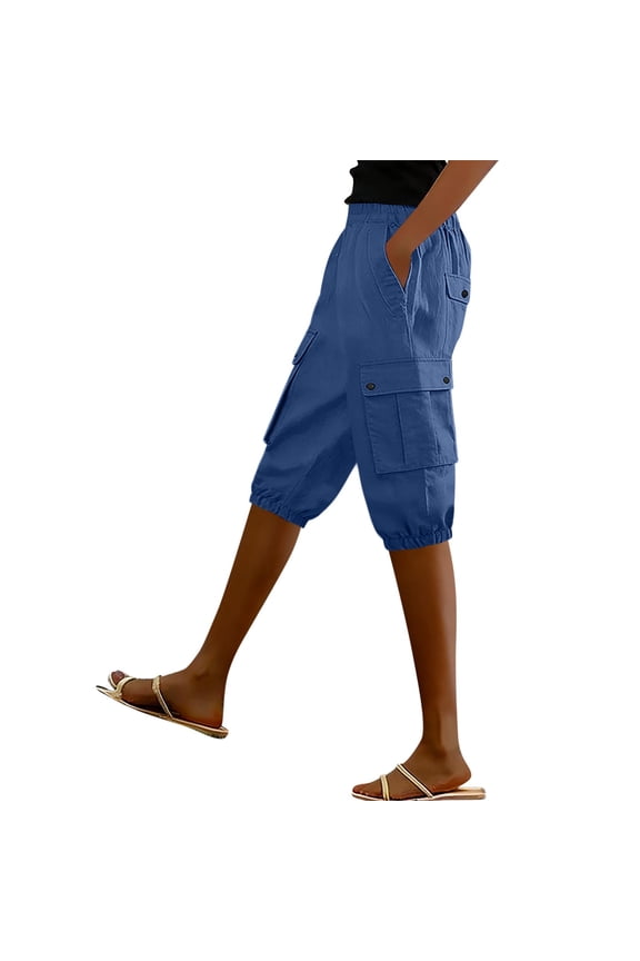 Linen Cargo Capris for Women Knee Length Capri Pants with Pockets Elastic Waisted Casual Summer Work Outdoor Hiking Clothing Blue L