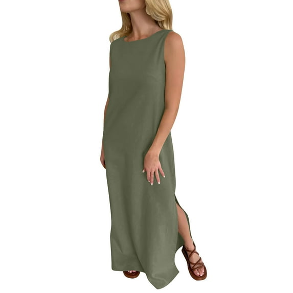 LNWUY Linen Dress Women Summer Sleeveless Round Neck Side Split Tank Dress Casual Loose A-Line Midi Long Holiday Beach Sundress Green XXL